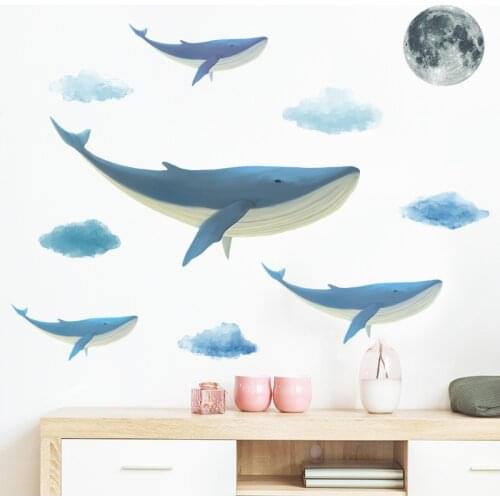 Cartoon Blue Whale Wall Stickers for Children Bedroom Decor Animals Wall Decals Kids rooms Decorative Art Murals Home Decoration