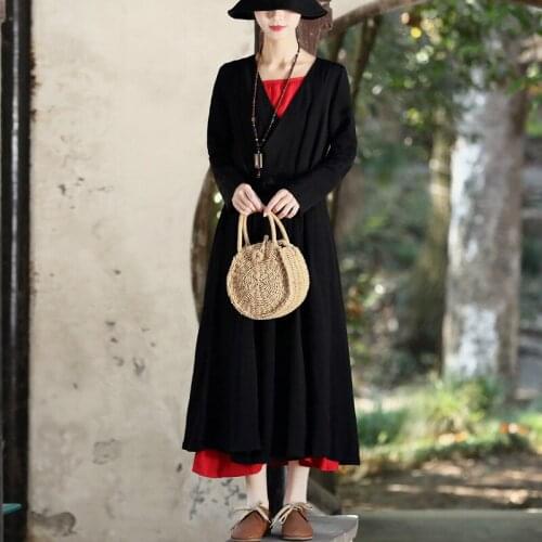 2020 spring new womens clothing ethnic style large womens clothing Tencel linen long sleeve dress with embroidered waist cover