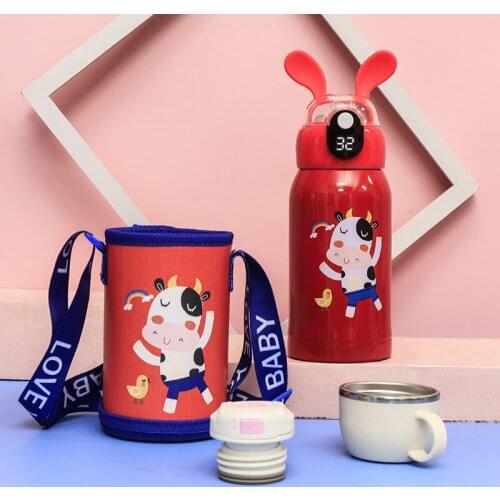 New Cartoon Childrens Rabbit Ears Warm Display Cup Set Intelligent Temperature Measuring Straw Portable Childrens Thermos Cup