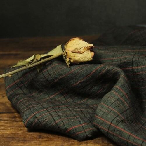 Yarn-dyed dark dark green grid original high-end linen garment fabric