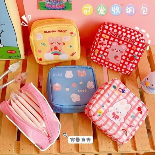 Korean Ins Bear Rabbit Kawaii Tampon Storage Organizer Earphone Case Girl Sanitary Pad Napkin Pouch Coin Purse Cosmetic Bag Case