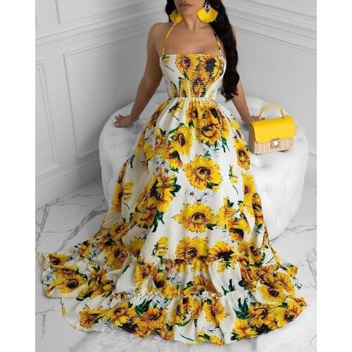 Zoctuo Floral Print Dresses For Women Halter Sleeveless Party Club Sexy Maxi Dress Pleated New Casual Summer Fashion Cami Dress