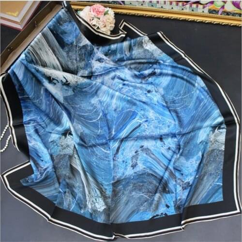 POBING 100% Real Silk Scarf Women Graffiti Sea Print Square Scarves Manual Hand Rolled Silk Foulards Femme Bandana Hijab110CM
