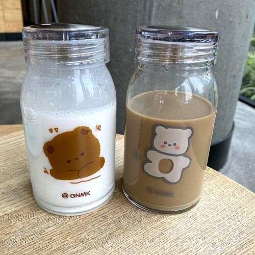 Ins simple Korean cartoon printing milk cup creative student transparent glass large capacity