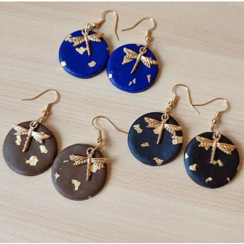 Mixed Gold Foil Polymer Clay Round Disc with Metal Dragonfly Drop Earrings for Women Fashion Handmade Jewelry Copper Wholesale
