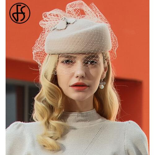FS Vintage Wool French Beret Hats For Women Fedora With Veils Camel Felt Hats Winter Elegant Ladies Wedding Church Pillbox Hat