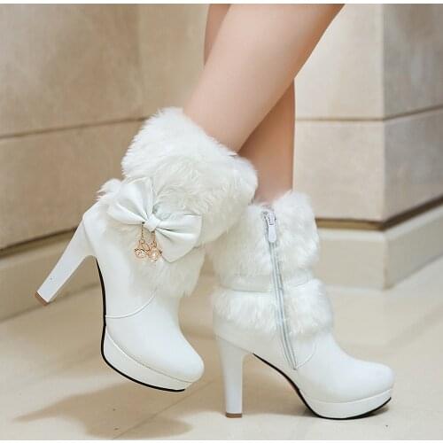 Women Boots Autumn Winter Warm Fur 2020 New Sexy Fashion Pu Ankle Boots Motorcycle Snow Boots Black Pink White High-heeled Shoes