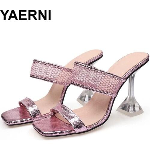YAERNI Size 35-46 Woman Summer Square Head Serpentine Slippers Sandals Fashion Wine Glass Mules High Heels Slipper Shoes