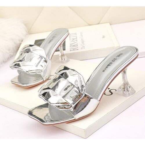 2021 Patent Leather big diamond slippers women gold/silver summer pumps sandals shoes glass high heels slides plus size 35-42