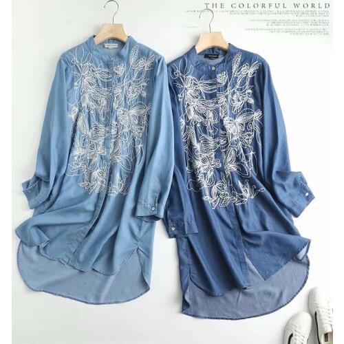 Embroidered Denim Shirt Dress Women Blue Floral Casual spring long shirt Dress summer work Offiec lady Dress vestidos cotton
