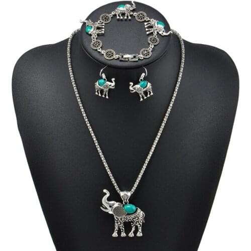 3 Pcs Vintage Elephant Shape Jewelry Suit Bohemian Women Fashion Carved Necklace/Earrings/Bracelet Sets