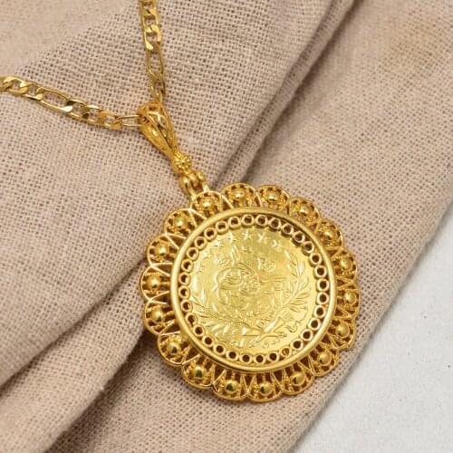 Annayoyo Rabian Ancient Coin Pendant Muslim Crystal Necklaces Women/Men, Gold Color Jewelry Middle East African Gift
