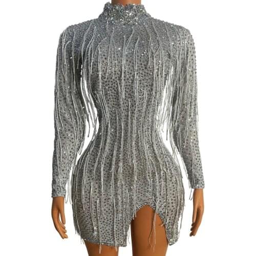 Shining Rhinestones Gray Tassel Sexy Dress Birthday Celebrate Evening Party Show Dress Fringes Costume Dance Dress