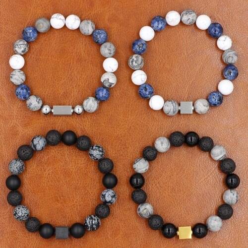 10mm Lava ONyx Snowflake Natrual Stone Beads Bracelets&Bangles Stainless Steel Square Men Bracelet Pulseras Hombres