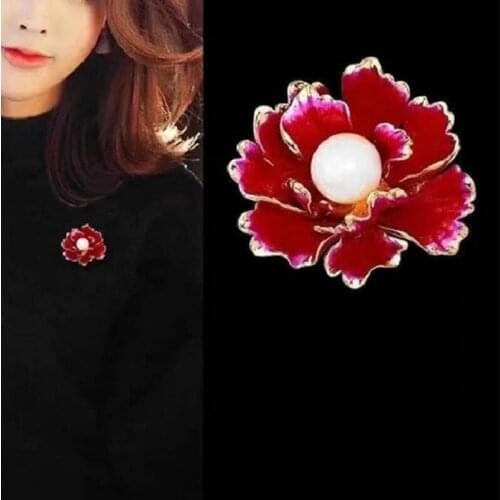 Flower Brooches Red Peony Imitation Pearl Brooch Pins For Women Girls Wedding Accessories Party Casual Brooch Pins Gifts