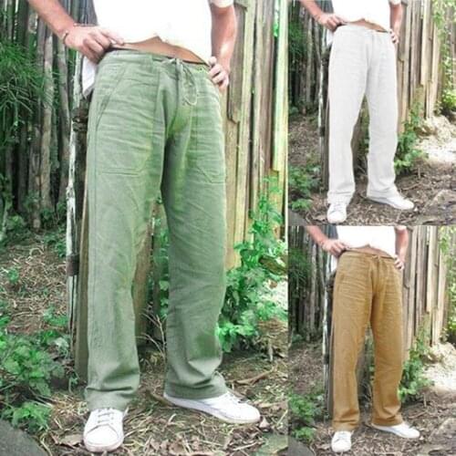 Summer Mens Cotton Linen Trousers Summer Pants 2XL Casual Male Solid Elastic Waist Straight Loose Pants Plus Size