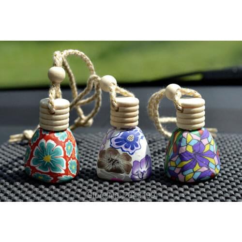 10ML 30pcs/lot Wood Cap Print Perfume Bottle, Glass and Polymer Clay Empty Small Perfume Container, Car Pendant Decoration