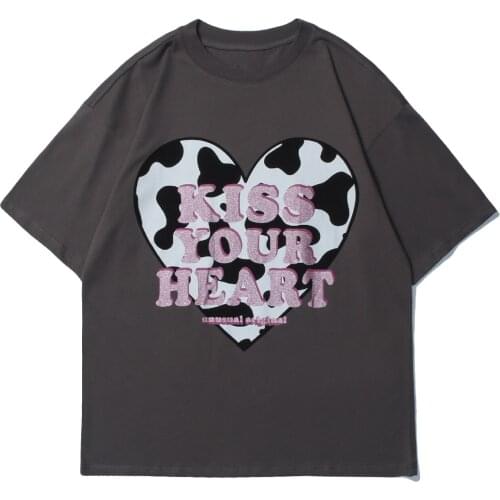 LACIBLE Vintage T Shirt Men Heart Cow Pattern Hip Hop Short Sleeves Harajuku Streetwear Tshirts Cotton Loose Oversize Tees Black