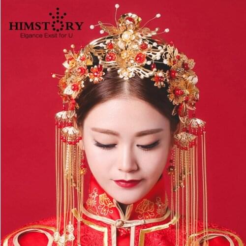 HIMSTORY Vintage Chinese Traditional Wedding Hair Jewelry Adorn Hair Accessories Queen Hairpin Pageant Phoneix Coronet Hairwear