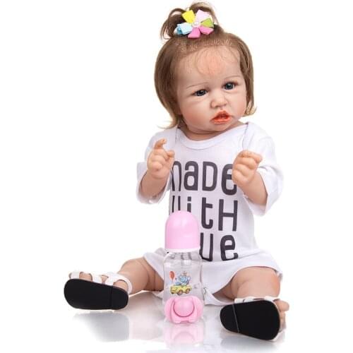 Bebes 57cm reborn baby dolls full body silicone girl Cute excellent reborn real doll with white Alphabet Romper birthday gifts