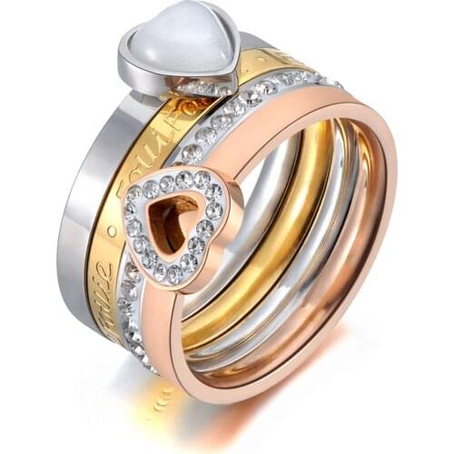 Trendy Titanium Stainless Steel Fine Ring Jewelry White Heart Opals & Rhinestone Bridal Wedding Rings For Women R19121