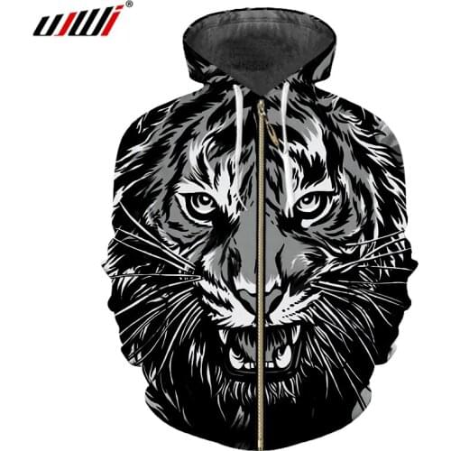 UJWI Man Black White Funny Animal Casual 3D Printed Zip Hoodies Tiger Pattern Unisex Wholesale Oversized 5XL
