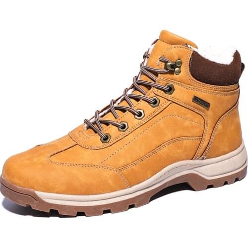 Brand Genuine Leather Autumn Winter Warm Fur Classic Snow Boots Male Motorcycle Boots Men Warm Ankle High Top Mens Boots