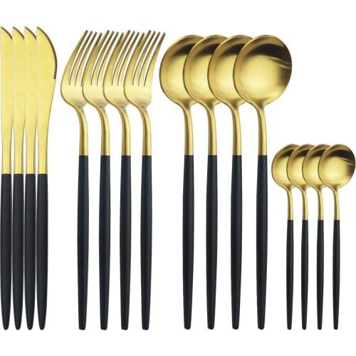 Western 16Pcs Black Gold Cutlery Set 18/10 Stainless Steel Dinnerware Set Knives Fork Spoon Tableware Set Kitchen Silverware Set