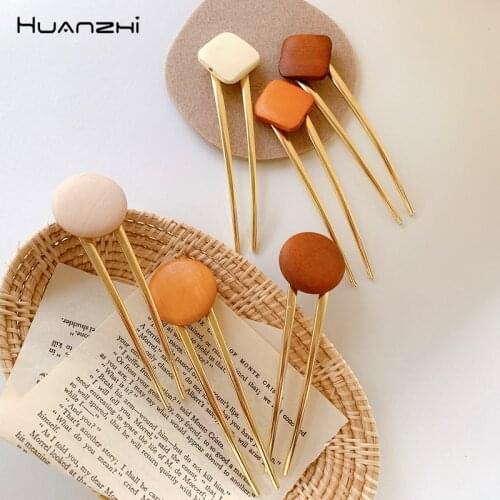 HUANZI2021 New Minimalist French Gold Metal Geometric Wooden U-shaped Hairpin Female Girl Travel Dating Banquet Hair Accessories