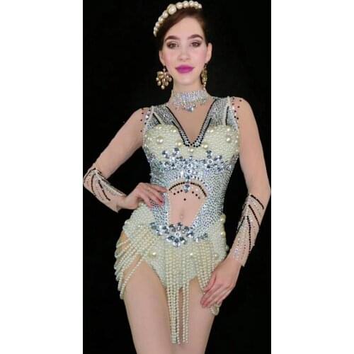 New Female Singer Sparkly Rhinestones Pearl Tassel Jumpsuit Nightclub DJDS Stage Performance Shiny Bodysui Rave Outfit DQL3548