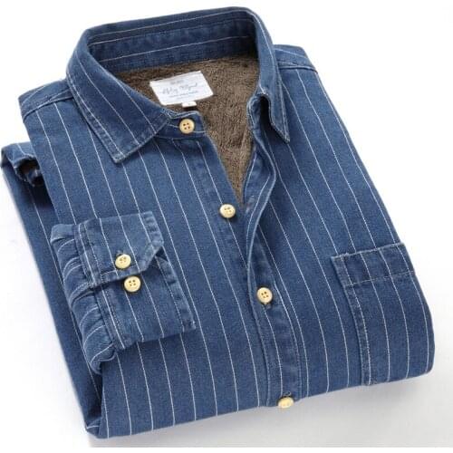 Autumn Winter Cotton Denim Long Sleeve Shirt Outdoors Camping Trekking Travel Mens Plush Warm Tops Casual Stripe Coat Clothing