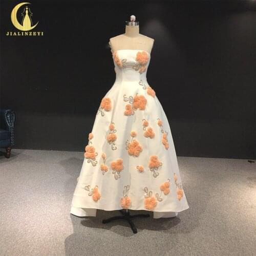 Rhine real Pictures Strapless Pink flowers and Beads Front short and long back Prom dresses arabic evening dresses long