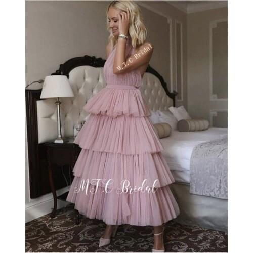 Blush Tiered Tulle Short Prom Dresses New 2019 Backless Halter A Line Ankle Length Cheap Evening Party Gowns Robe De Soiree
