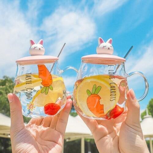 Cartoon cute radish rabbit glass cup with lid spoon transparent water cup fun and simple office Korean girl child juice milk cup