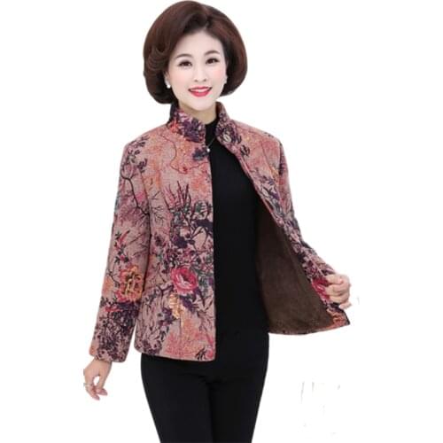 Middle-aged And Elderly Women Plus Cashmere Coat Winter Printing Cotton Jacket Thick Warm Mom Parka Cotton Coat Womens Coat 5XL