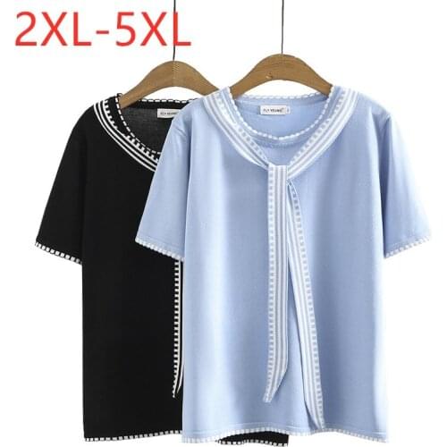 New 2021 Ladies Summer Plus Size Knit Tops For Women Large Short Sleeve Loose Black Blue Bow T-Shirt 2XL 3XL 4XL 5XL
