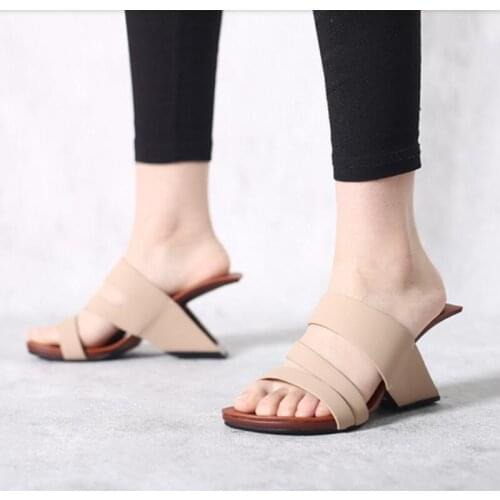 Summer New OutSide European America Style Fashion Wedges Strange Heels Peep Toe Cut Out Genuine Leather Women Gladiator Slippers