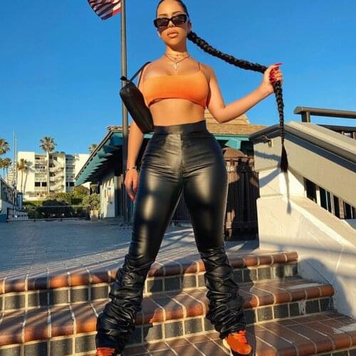 PU Leather Stacked Leggings for Women Autumn Winter Elastic Sweatpants Sexy Club Flare Pleated Ruched Pants Trousers Streetwear