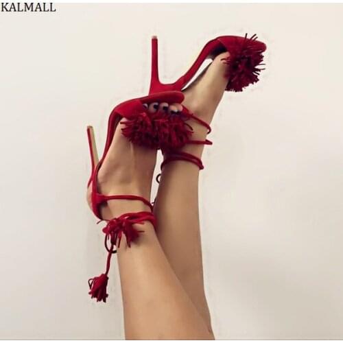 KALMALL Sandalias Mujer Red Faux Suede Lace-Up Women Pumps Rome Style Fringe High Heels Women Sandals Stiletto Heels Women Shoes