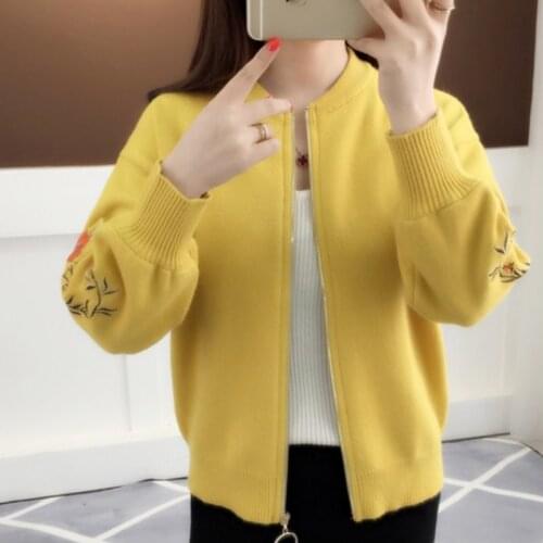 Autumn Winter Womens Cardigan Korean Style Zipper Retro Solid O Neck Knitted Cardigan Loose Short Embroidery Sweater Coats