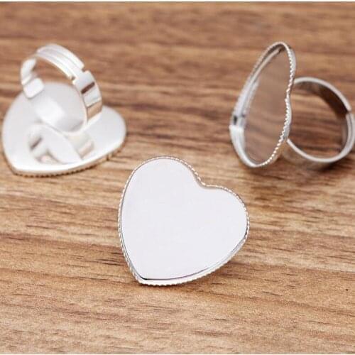 100pcs Silver Plated Heart Ring Bezels 25mm Adjustable Blank Ring Base Glass Cabochons Cameo Setting Tray For Jewelry Making
