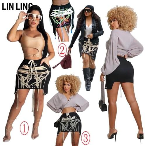 LINLING Black Cool Geometric Bandage Decoration High Waist Sexy Solid Lace Up Temperament Skirt