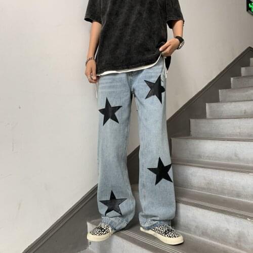 Star Printed Jeans Mens Loose Wide Leg Pants 2021 Hip Hop Straight Hip Hop Pants Vibe Loose Casual Denim Trousers Men and Women