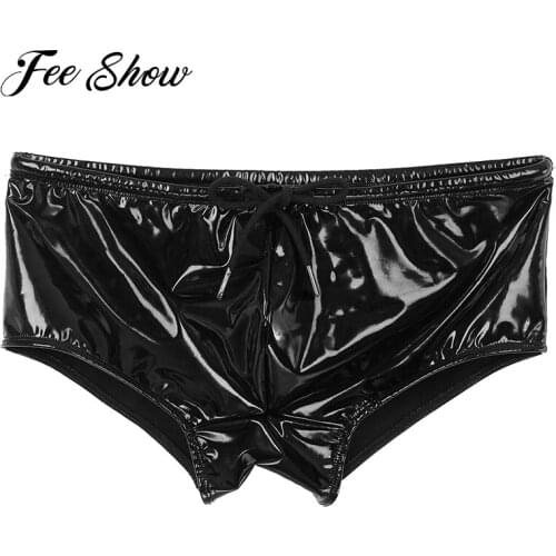 Exotic Men Sexy Briefs Shorts Wet Look Patent Leather Swimming Trunks Low Rise Drawstring Boxer Swimwear Swimming Party Clubwear