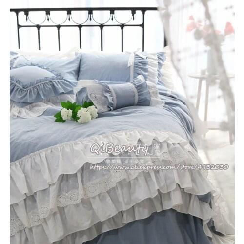 Elegant blue princess style all-match solid color ruffled lace cotton bed skirt bed linen duvet cover