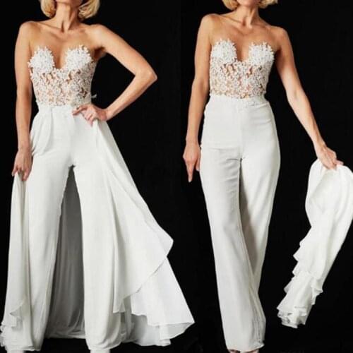 Lace Jumpsuit Wedding Dresses Sexy Illusion Bodice Sleeveless Jumpsuits Garden Bridal Dress vestidos de novia With Overskir