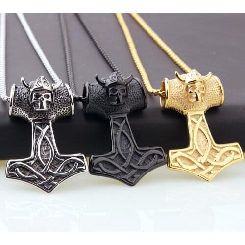 Personality Design Stainless Steel Thor Hammer With Skull Mens Boys Womens Jewelry Pendant Necklace Free Box Link Chain 24