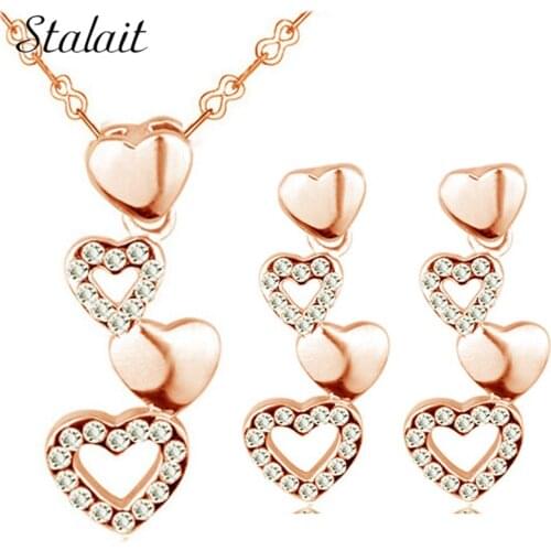 Summer Promotion Factory wholesale Rose Gold Color Fashion Brand heart pendants necklace Earrings crystal jewelry sets 50036