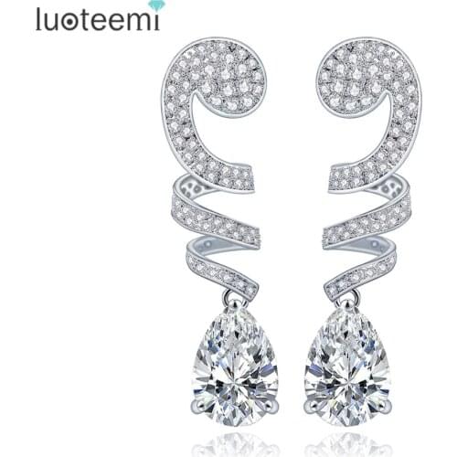 LUOTEEMI Water Drop CZ Crystal Bending Long Earrings for Wedding Jewelry White Gold-Color Dangling Earrings Vintage Brincos