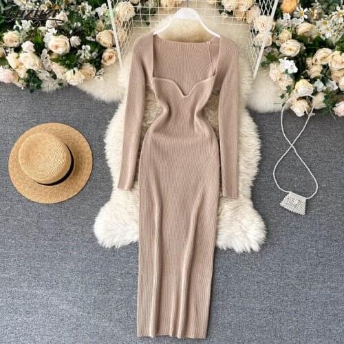 Luzuzi Dresses For Women 2021 Sexy Strapless Ribbed Knitted Bodycon Dress Women Winter Long Sleeve Midi Sweater Dress Clothes